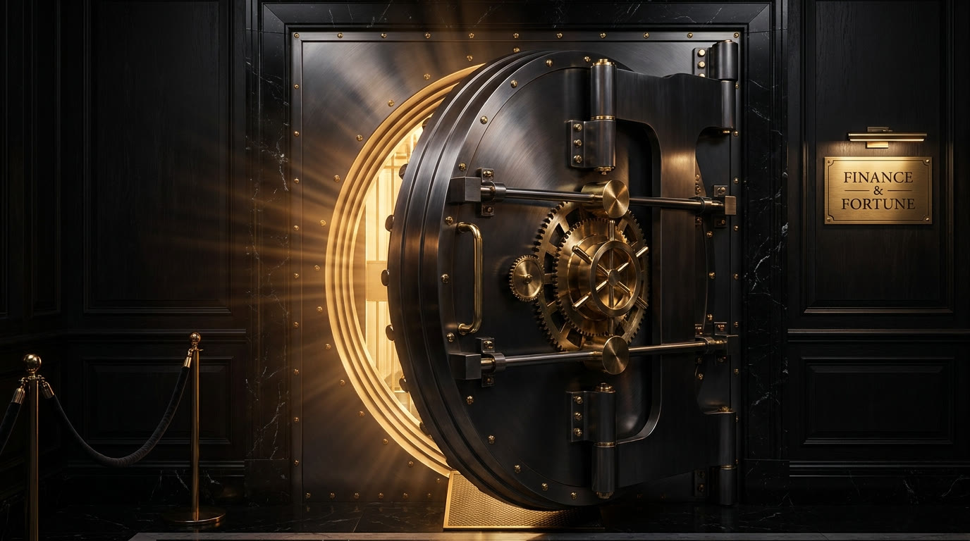 Bank vault door with golden light