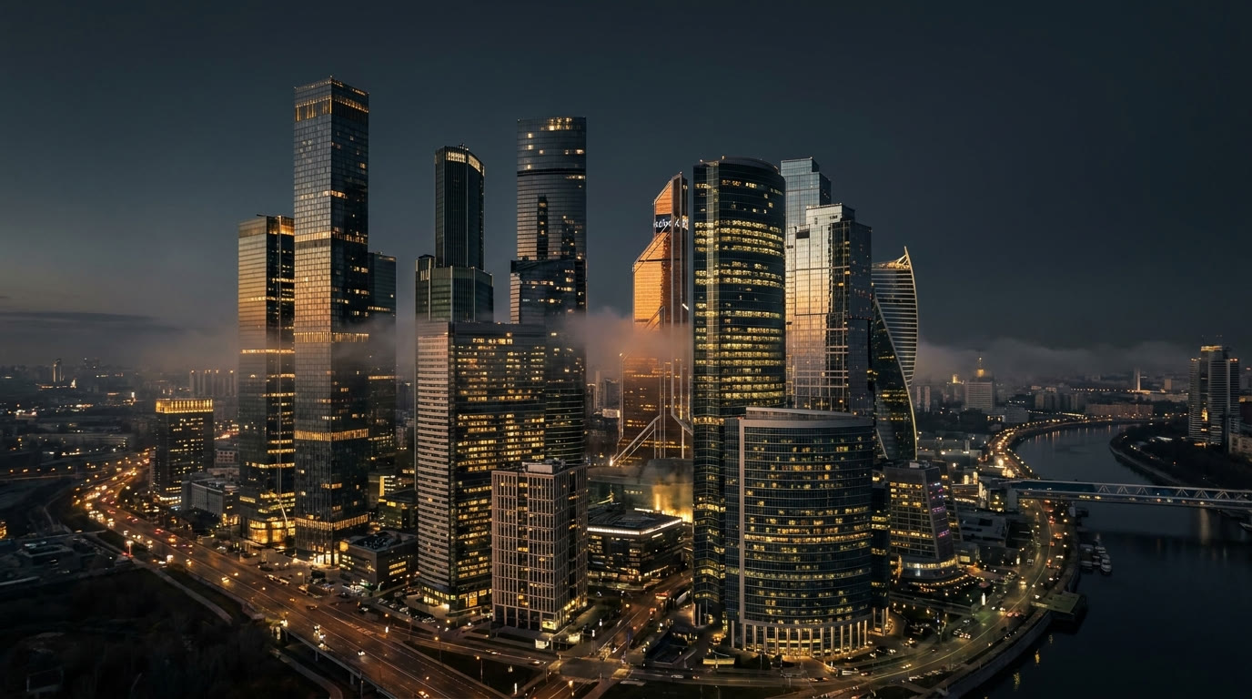 Financial district skyline at dusk